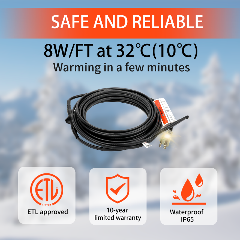 HEATIT 8JHSF Roof and Gutters Heating Cable with 10ft Lighted Plug